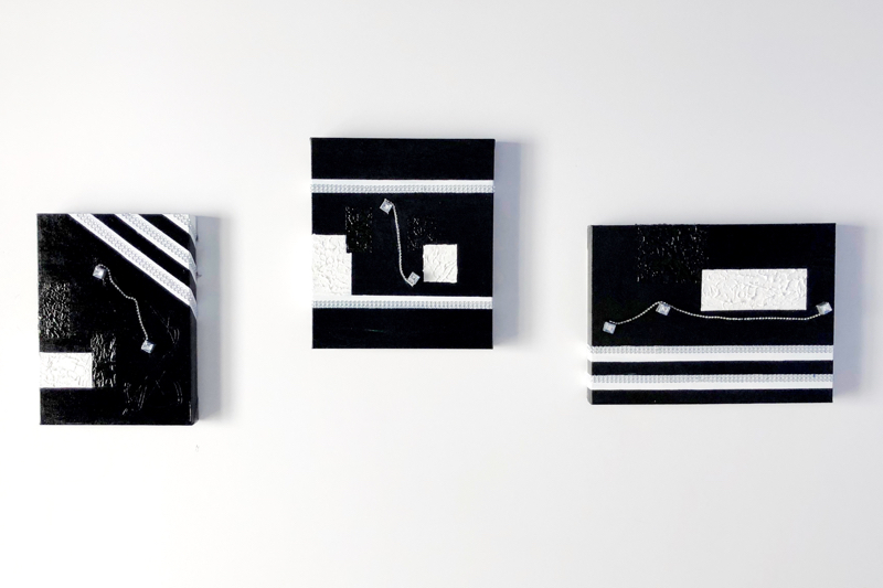Tryptique géométrique, acrylique sur toile, 3 toiles de 12 pouces x 12 pouces approx